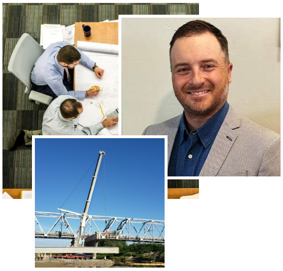 Heavyworks 3 images: tyler davis pre-construction consultant, construction office and construction site with crane.